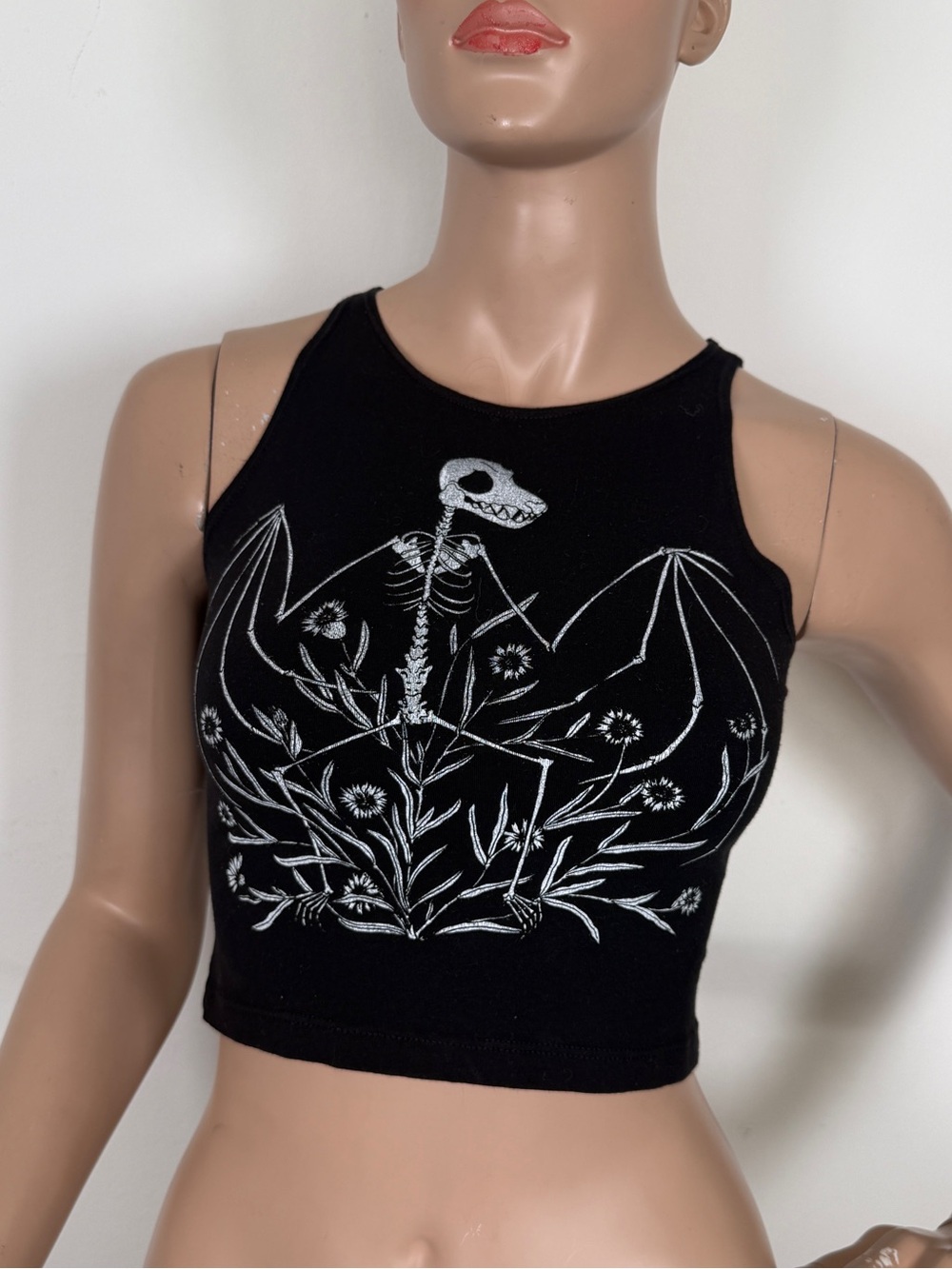 American Apparel Black Crop Tank with White Skeleton & Floral Graphic